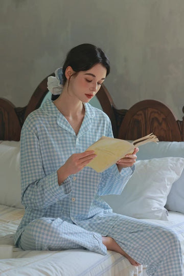 Comfortable button-down pajamas with light blue checkered pattern