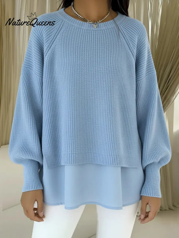Women's Comfortable Patchwork Faux Two-piece Lantern Sleeve Sweater